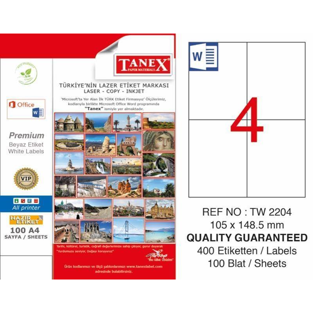 Tanex Laser Etiket 100 Yp 105x148.5 aser-Copy-Inkjet Tw-2204
