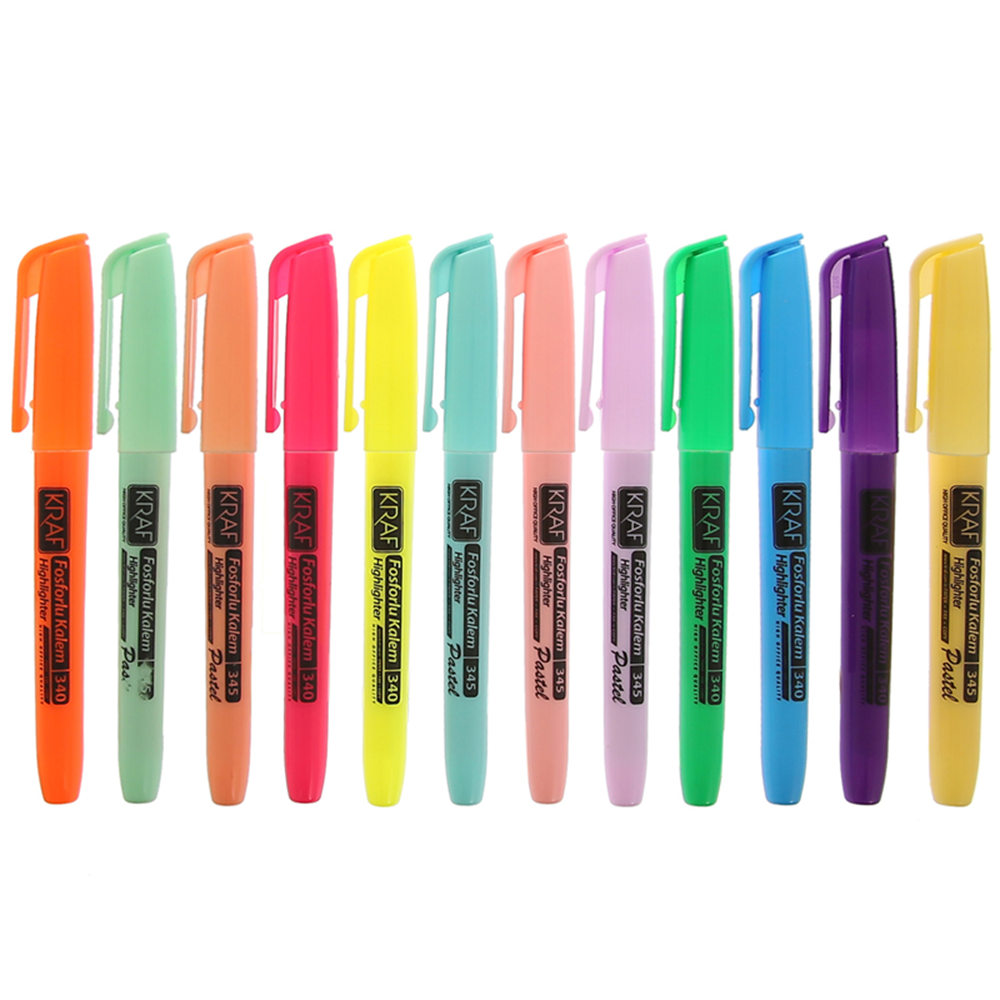 KRAF FOSFORLU KALEM TİPİ 340/345-12 12 Lİ ( 6 PASTEL+6 PARLAK RENK )