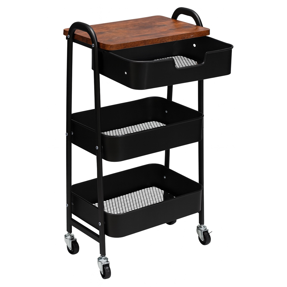 KRAF RAF ÜNİTESİ TEKERLEKLİ METAL 3 KATLI 495G SİYAH (ÇEKMECELİ)