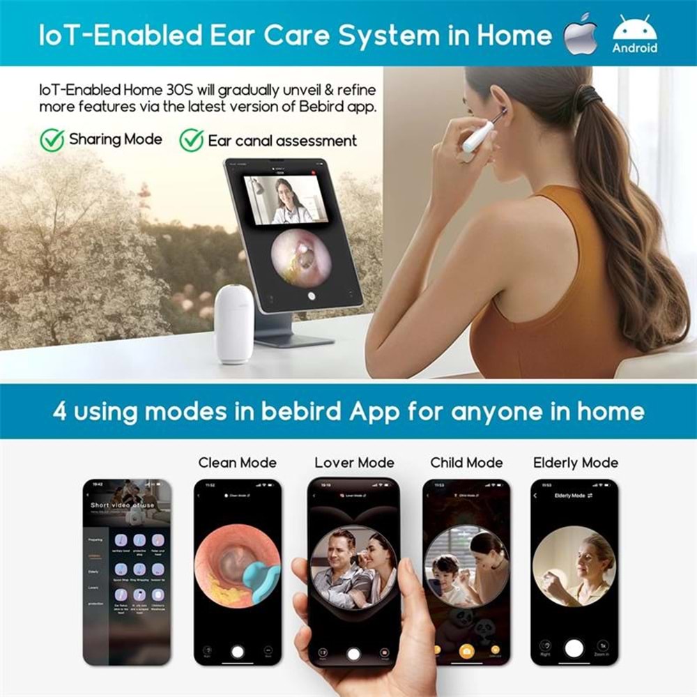 BEBIRD HOME 30S FAMILY EDITION 10MP KAMERA 3.5MM LENS ŞARJLI WIFI GÖRÜNTÜLÜ KULAK TEMİZLEME SETİ