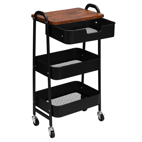 KRAF RAF ÜNİTESİ TEKERLEKLİ METAL 3 KATLI 495G SİYAH (ÇEKMECELİ)