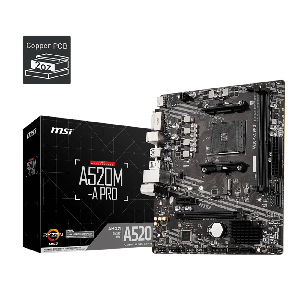 MSI A520M-A PRO DDR4 4600MHZ 1XHDMI 1XDVI 1XM.2 USB 3.2 MATX AM4 (AMD AM4 5000/4000/3000 SERİLERİ İLE UYUMLU) 