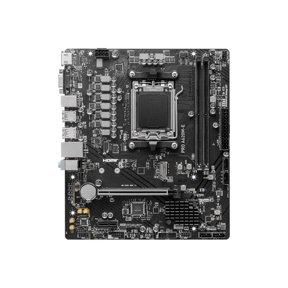 MSI PRO A620M-E DDR5 6800MHZ 1XVGA 1XHDMI 1XM.2 USB 3.2 MATX AM5 (AMD AM5 9000/8000/7000 SERİLERİ İLE UYUMLU) 