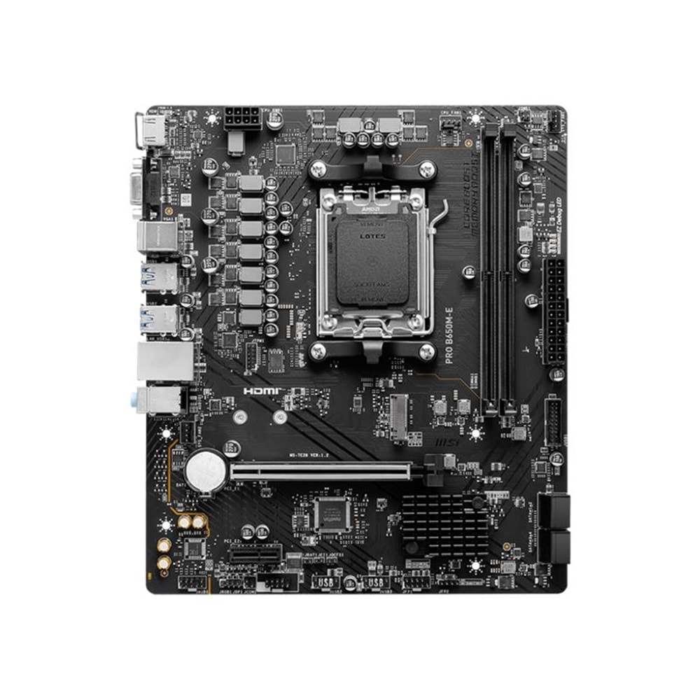 MSI PRO B650M-E DDR5 6800MHZ 1XVGA 1XHDMI 1XM.2 USB 3.2 MATX AM5(AMD AM5 9000/8000/7000 SERİLERİ İLE UYUMLU) 