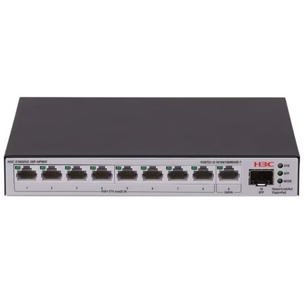H3C AOLYNK S1600V2-10P-HPWR 8 PORT GIGABIT + 1XGB SFP/1XRJ45 UPLINK 125W POE YÖNETİLEBİLİR SWITCH 