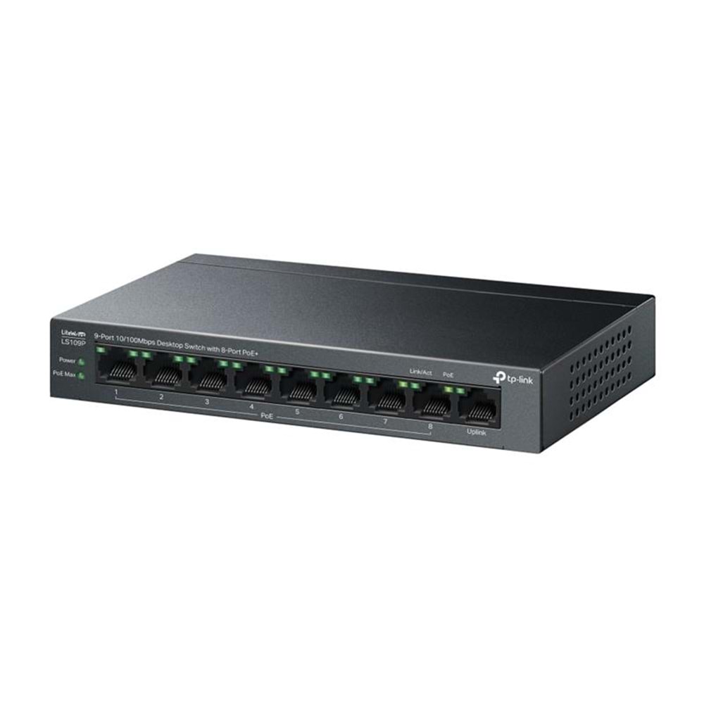 TP-LINK LS109P 8 PORT 10/100 +1 PORT RJ45 UPLINK 63W 250 METRE POE MESAFE METAL KASA SWITCH 