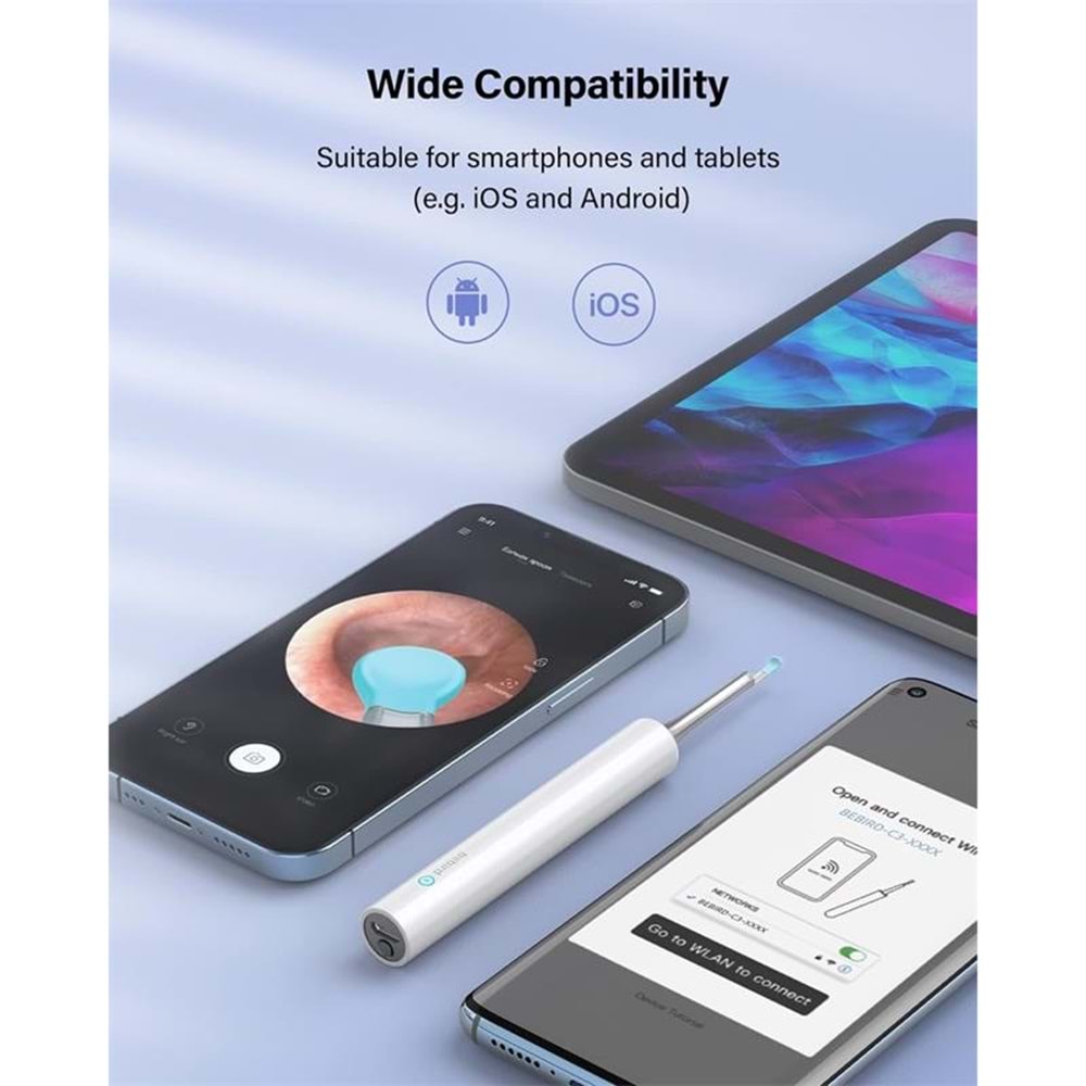 BEBIRD T5 3MP KAMERA 3.5MM LENS ŞARJLI WIFI GÖRÜNTÜLÜ KULAK TEMİZLEYİCİ BEYAZ RENK 